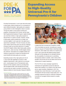 Cover Image: Report: Expanding Access to High-Quality Universal Pre-K for PA Pennsylvania’s Children – December 2022